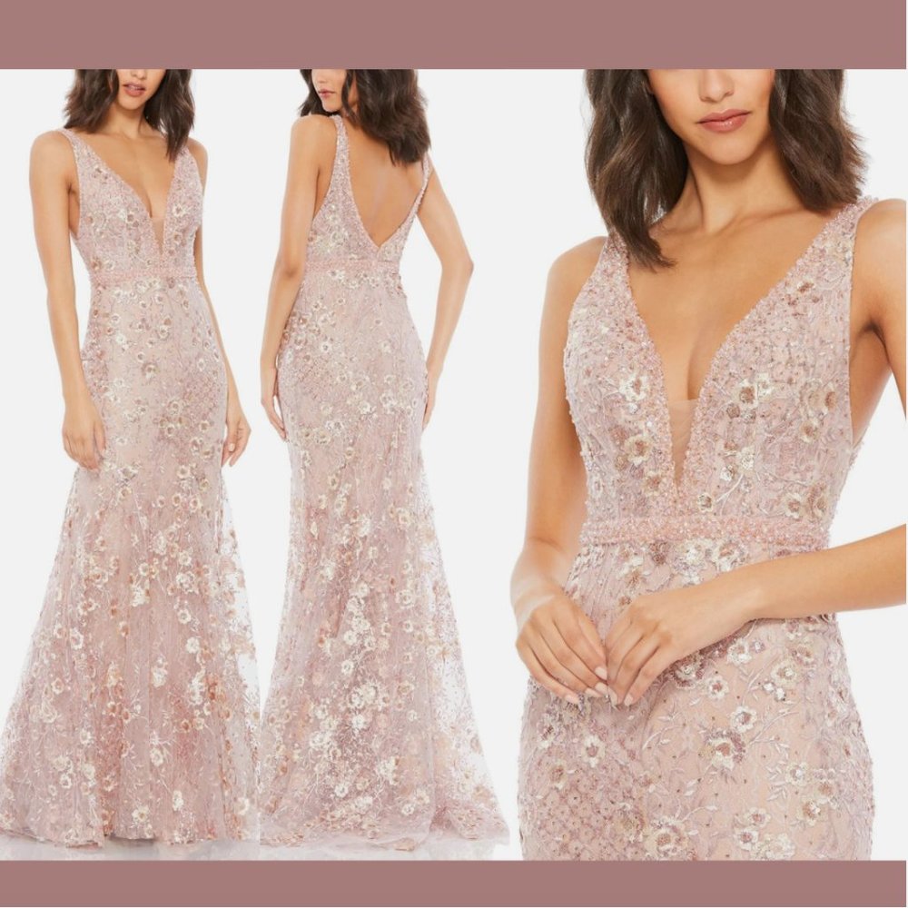 NWT‎ $698 Mac Duggal [ 12 ] Floral Embellished Sleeveless Plunge Neck Gown Q574